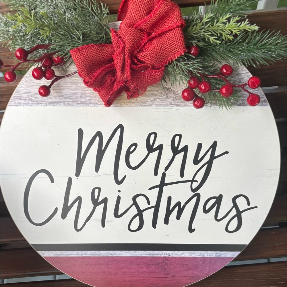 Festive Merry Christmas Holiday Wreath with Red Accents